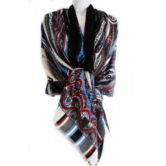NEW - Scarf Shawl Paisley Blue, Cranberry Tan & Black - Picture 7 of 8